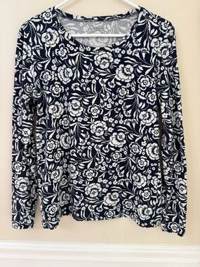 Ann Taylor blue white floral print long sleeve 100% cotton top tee sz medium